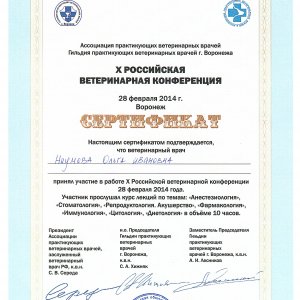 Сертификат участника X Российской Ветеринарной Конференции